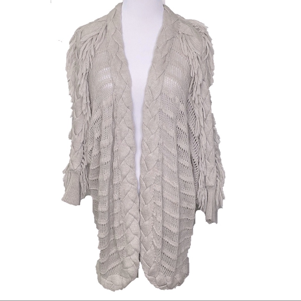 Rebecca Taylor Light Gray Fringe Open Knit Cardigan